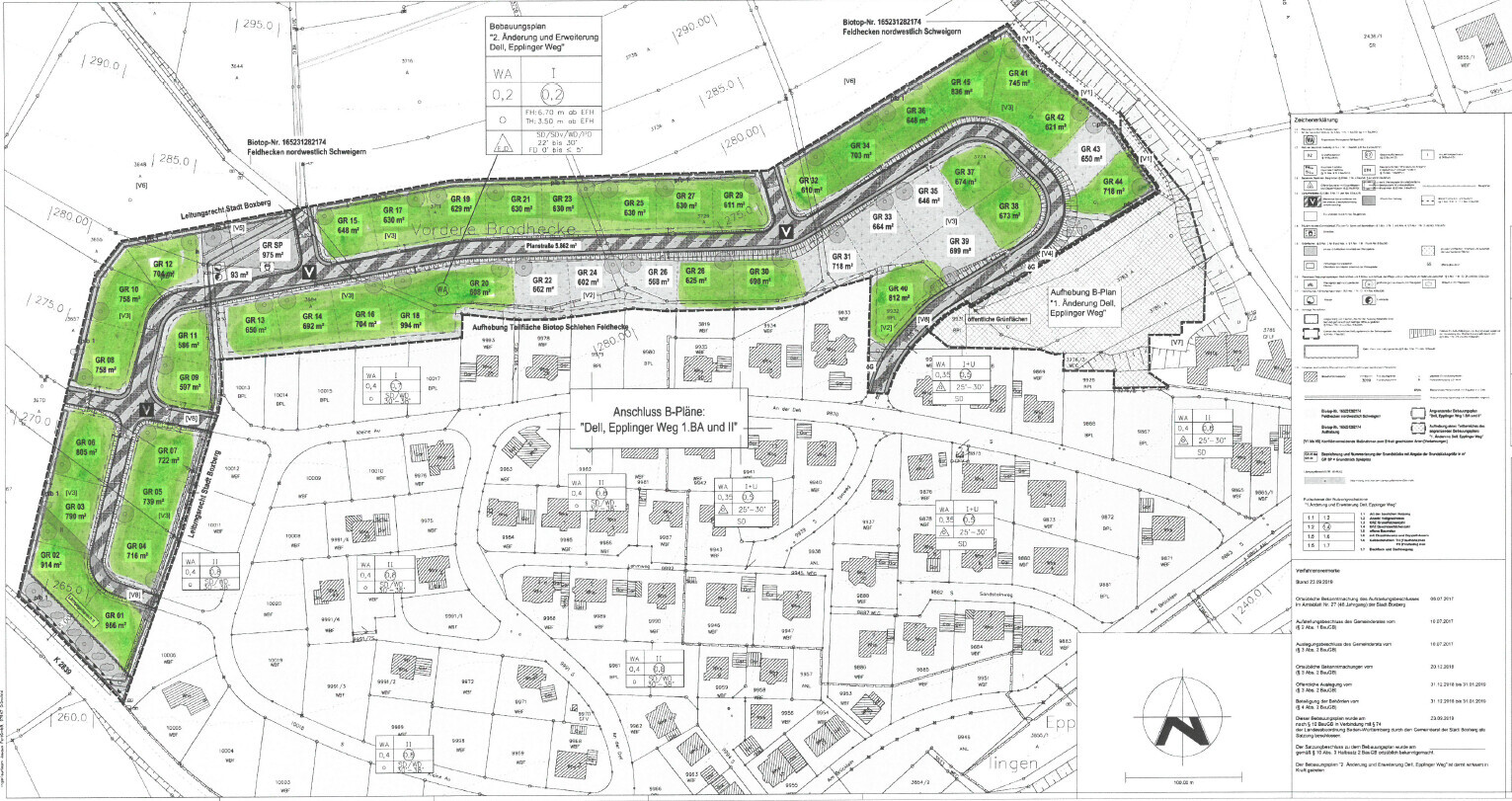 Grundstücks- und Erschließungsplan mit grünen Bauflächen entlang einer kurvigen Straße.