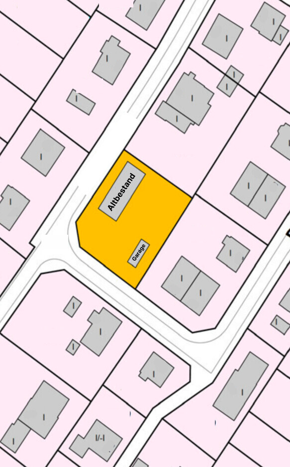 Lageplan eines Grundstücks mit Altbestand und Garage auf orangefarbener Fläche