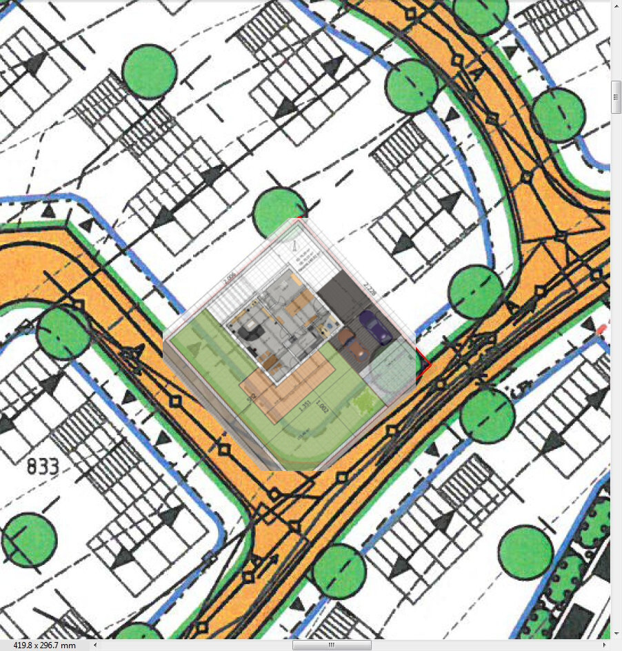 Stadtplan: Straßenkreuzung mit orangefarbenem Netz, grüne Bäume und Grundriss des Gebäudes.