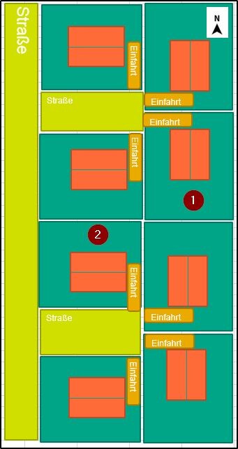 Grundstücks- und Parzellenplan mit Straßenverlauf, Einfahrten und Gebäudeflächen.