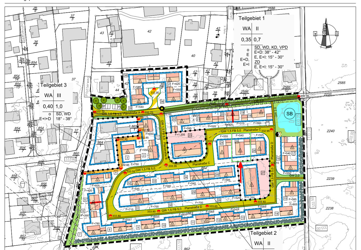 Detailreicher Bebauungsplan eines Wohngebiets mit Straßennetz, Gebäuden, Grünflächen und Kompass.