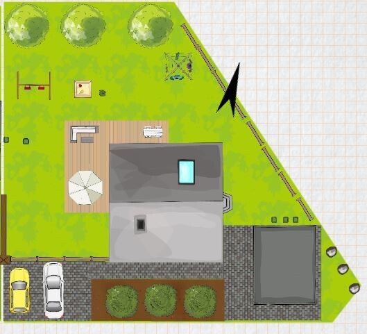 Lageplan eines Hauses mit Garten, Terrasse und Zufahrt