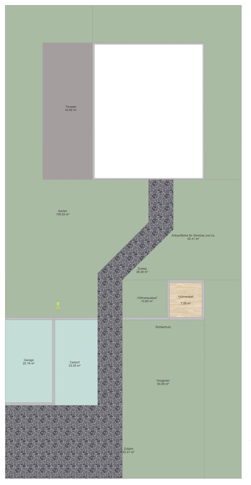 Lageplan eines Gartens mit Terrasse, Hühnerstall, Zuweg, Sichtschutz, Garage, Carport und Zufahrt.