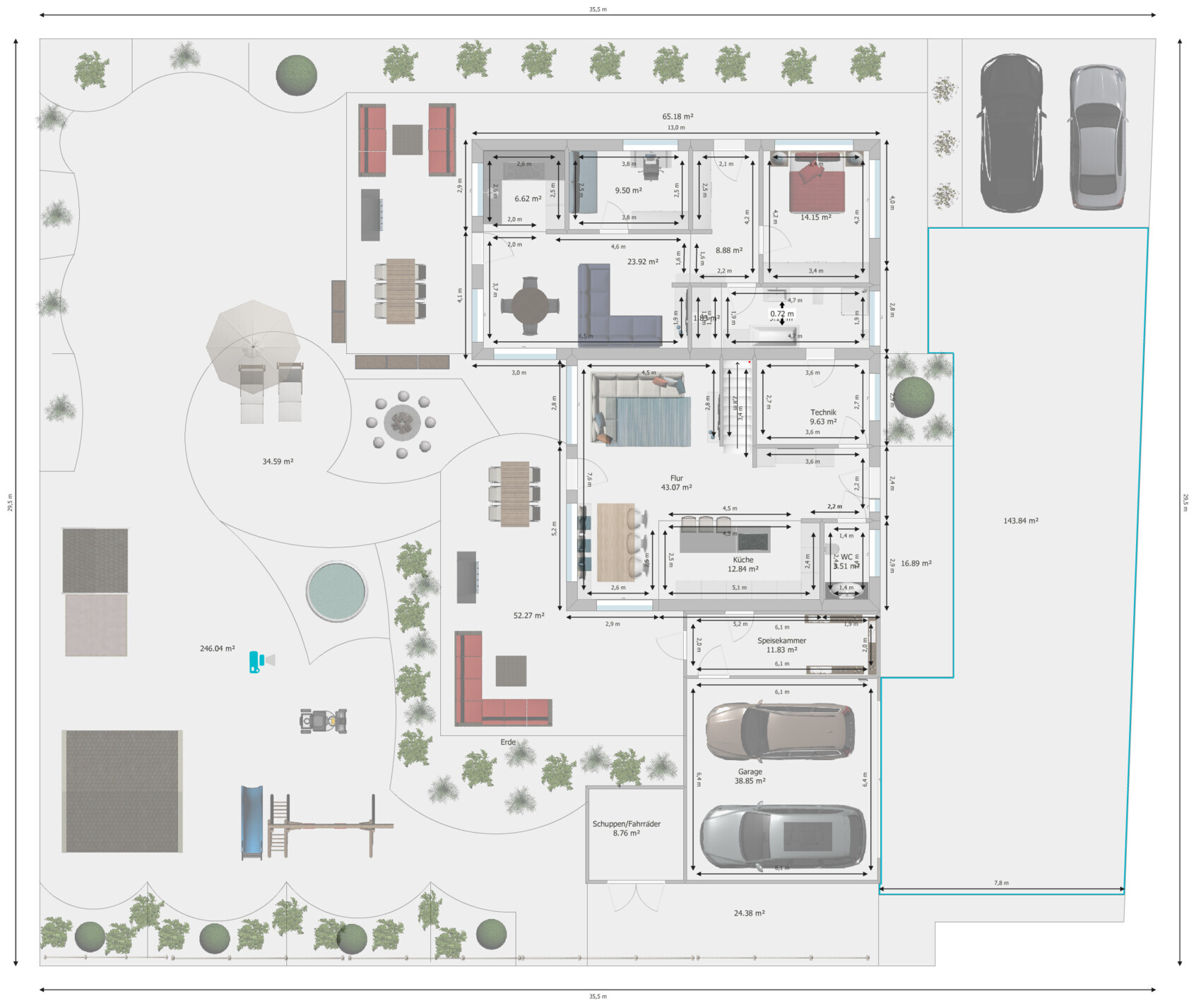 Grundstücks- und Hausgrundrissplan mit Garten, Zufahrt und Garage