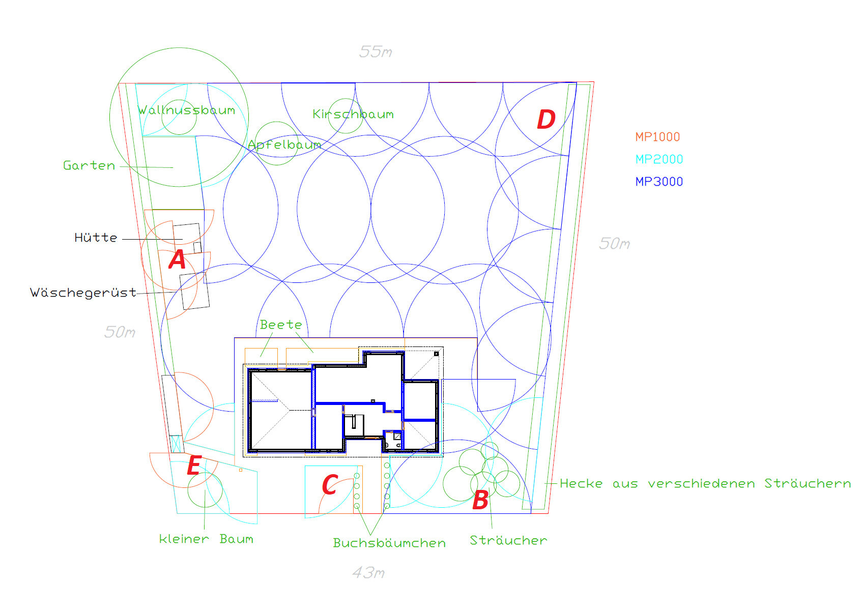 Gartenplan mit zentralem Haus, runden Baumpflanzungen (Walnuss, Kirsch, Apfel), Beete und Hütte.