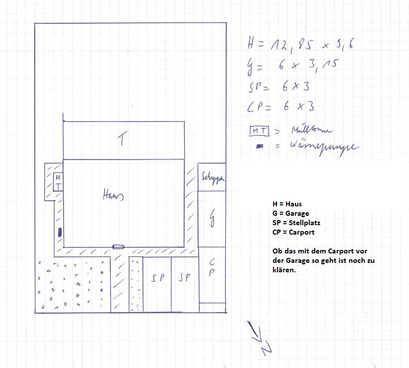 Handgezeichnete Grundstücksplan-Skizze mit Haus, Garage, Carport und Stellplaetzen