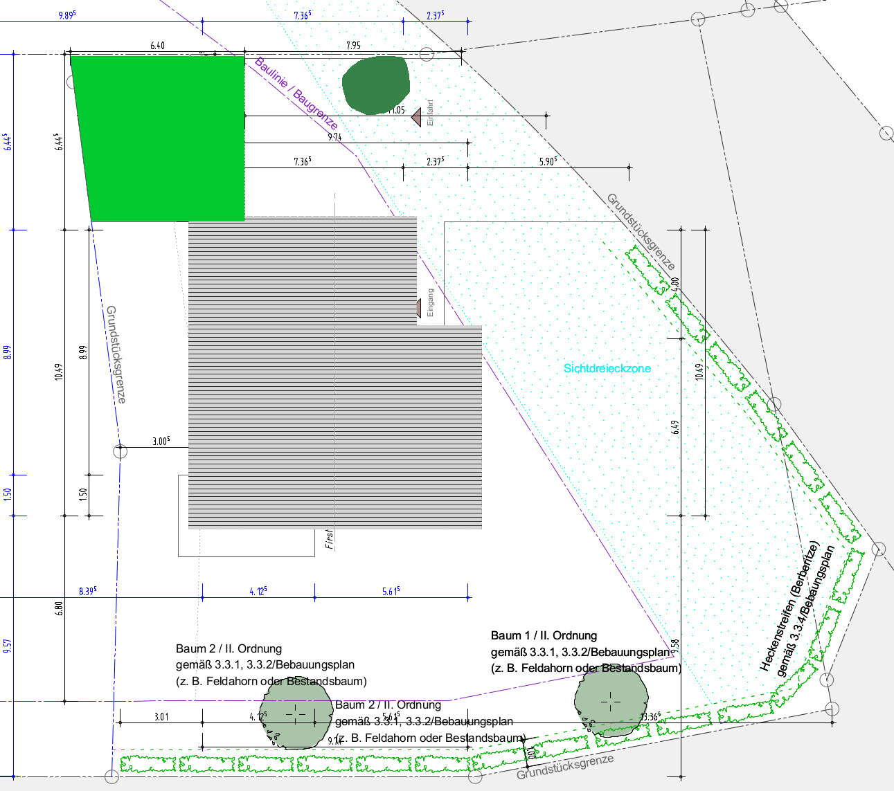 Lageplan eines Grundstücks mit Hausgrundriss, Grenzlinien und Beschriftungen