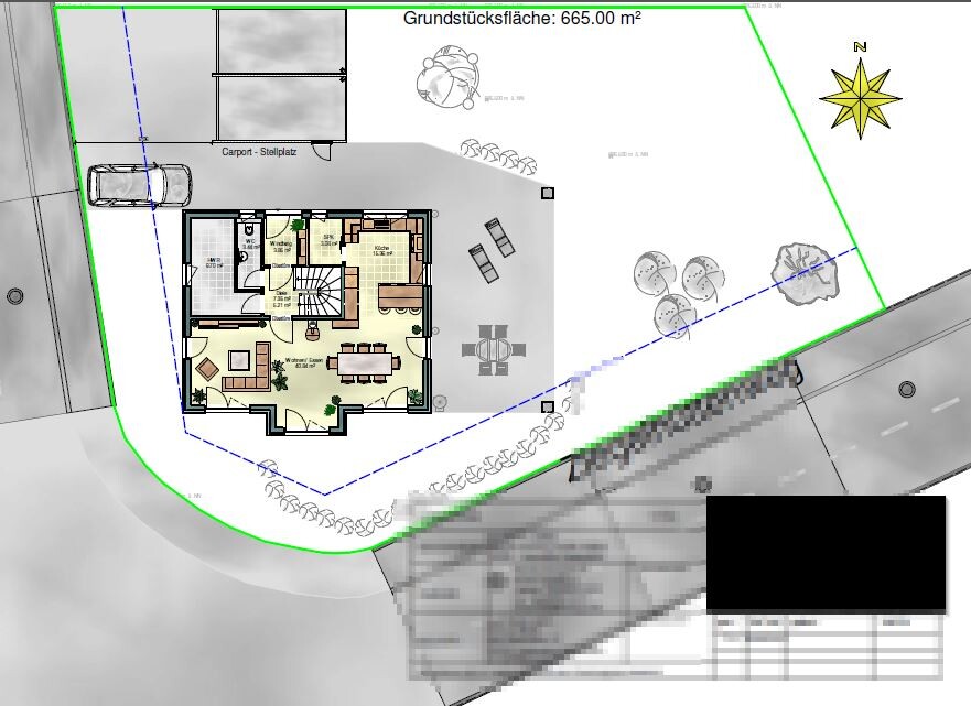 2D-Grundstücksplan mit Hausgrundriss, Zufahrt und Gartenbereich