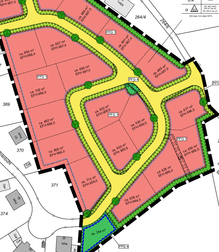 Lageplan eines Baugebiets: rote Parzellen, gelbe Straßen, Grünflächen und Bäume.