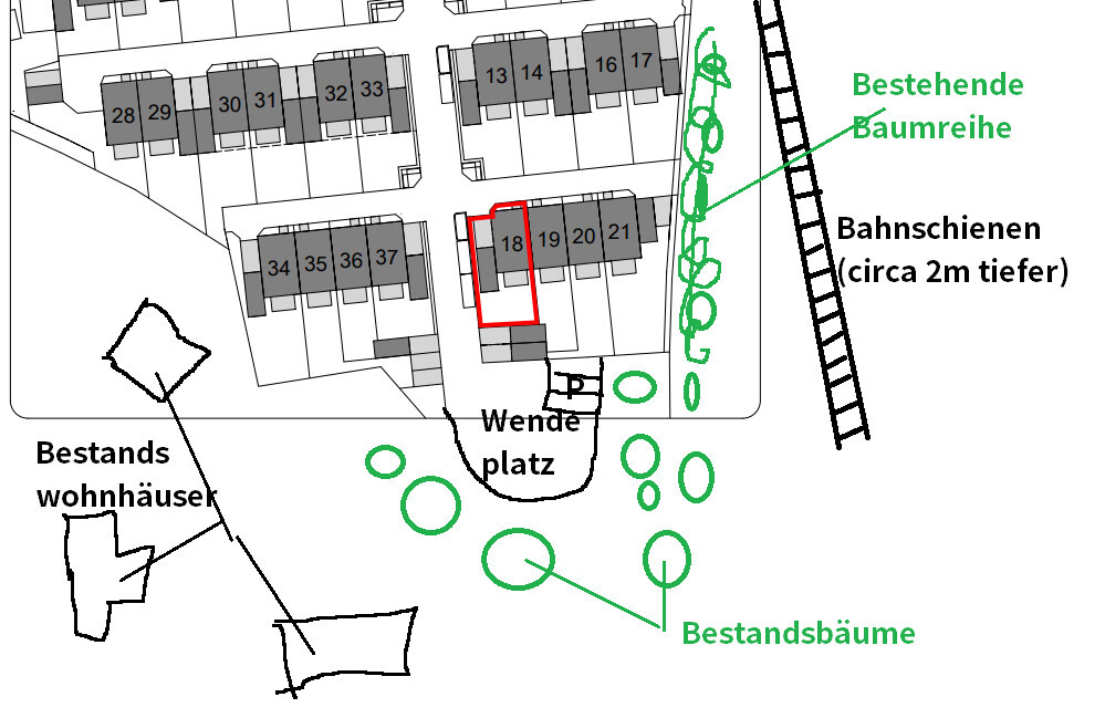 Lageplan mit Grundstücken, Häuserzeilen, rotem Baublock, Wendeplatz und Bahntrasse