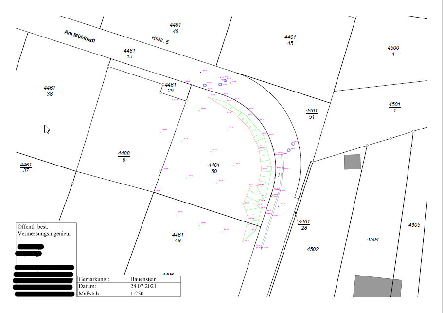 Lageplan eines Vermessungsdiagramms mit Parzellen, Straße Am Mühlbist, Kurve und Stempel.