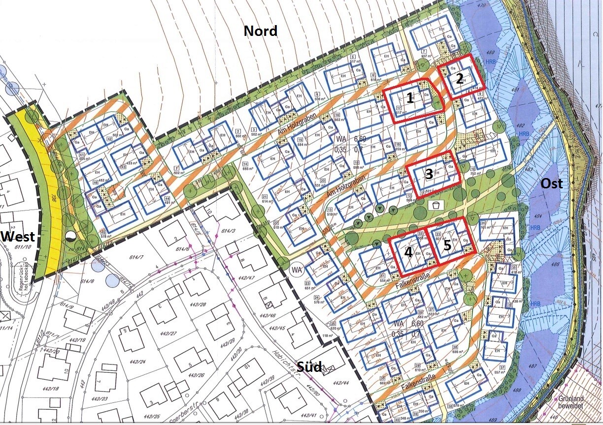Lageplan einer Wohnsiedlung mit Baugrundstücken, Straßen und Grünflächen