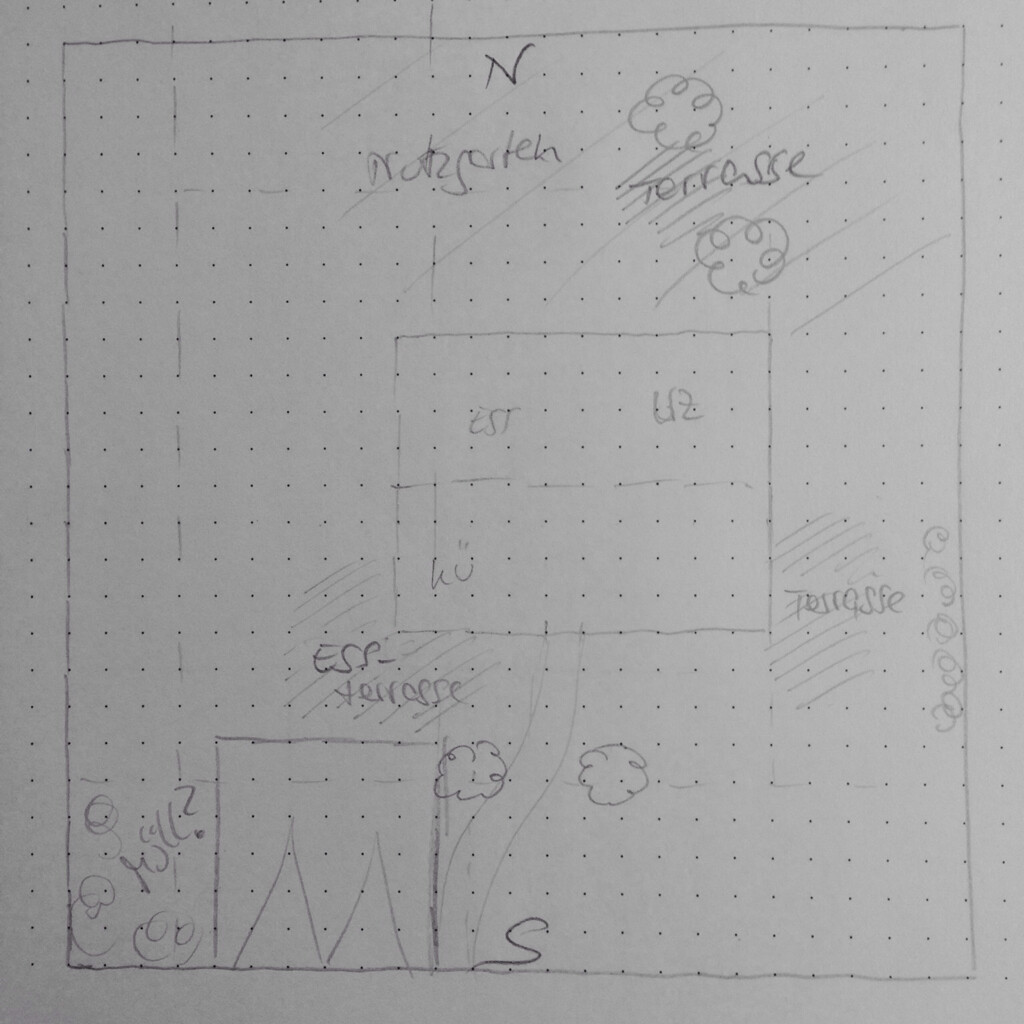 Skizzierter Grundstücks- und Grundrissplan mit Haus, Terrasse und Bäumen.