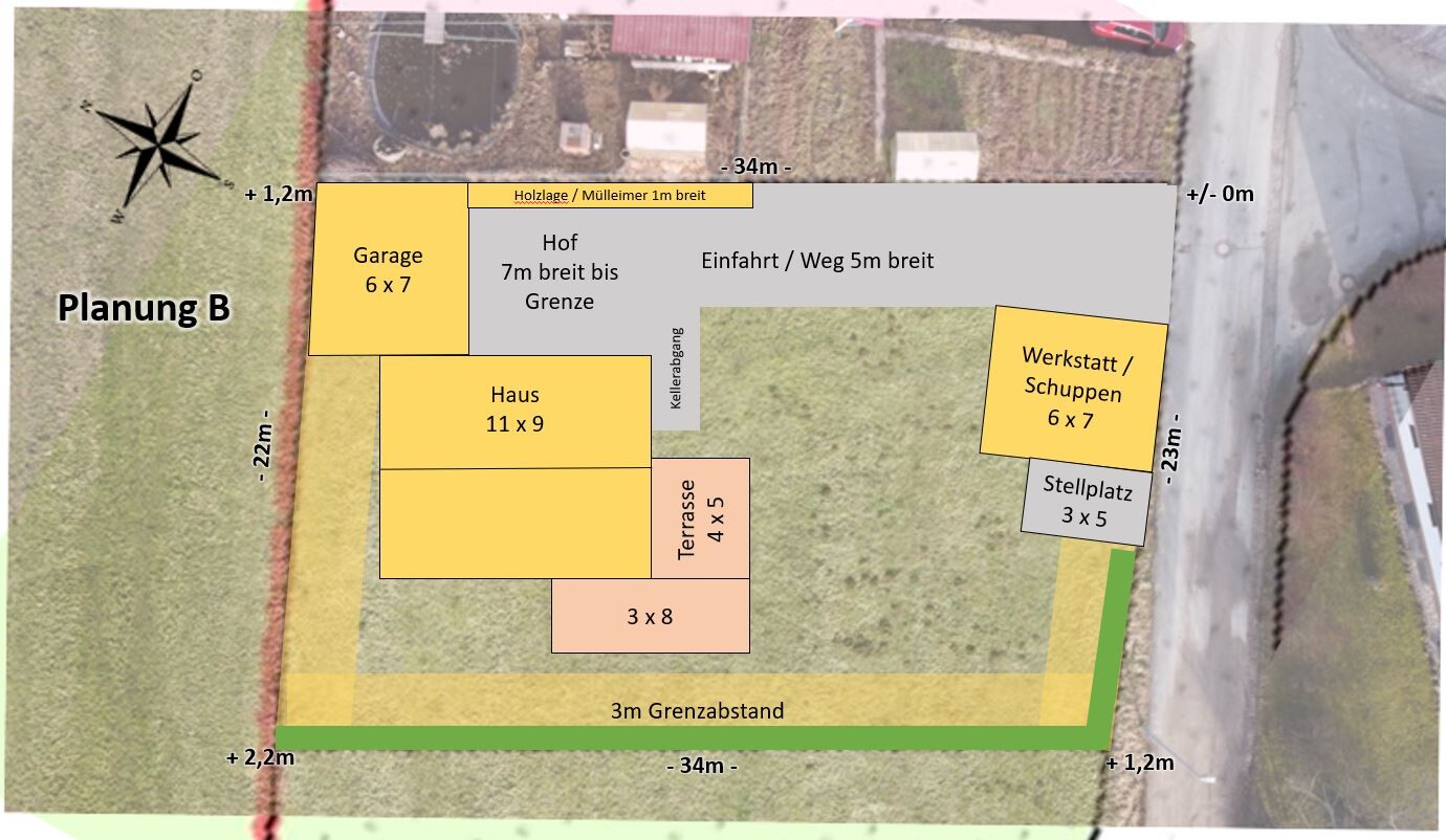 Luftbild-Grundriss eines Grundstücks mit Garage, Haus, Terrasse, Werkstatt und Stellplatz.