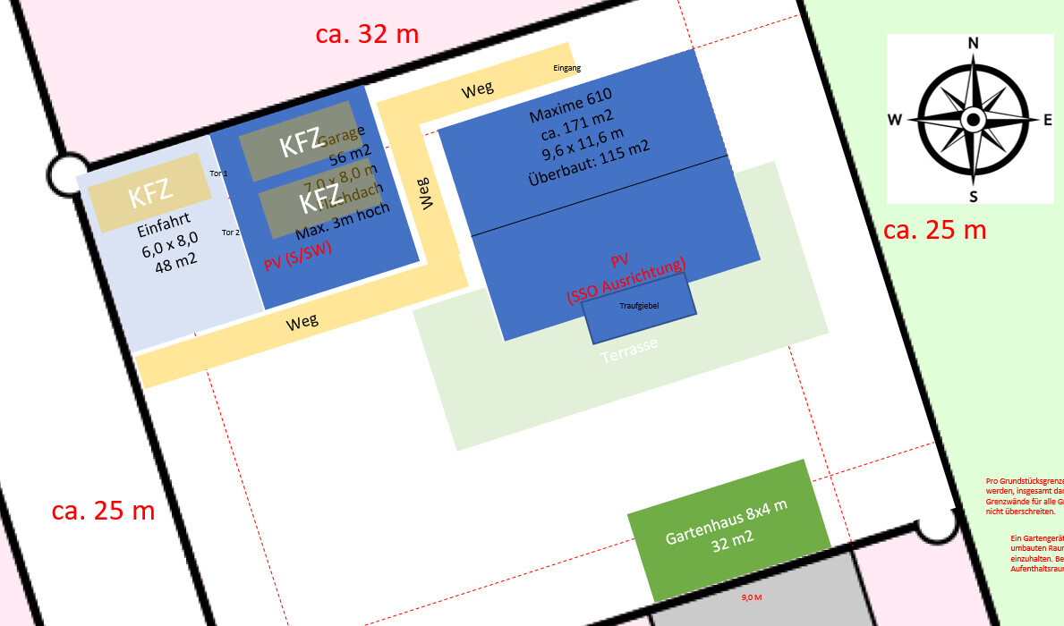 Lageplan eines Grundstücks: Gebäude in Blau, Garagen, Zufahrt, Wege, Terrasse, Gartenhaus