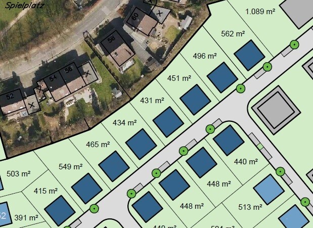 Lageplan eines Wohngebiets mit Grundstücken, Straßen und Grünflächen