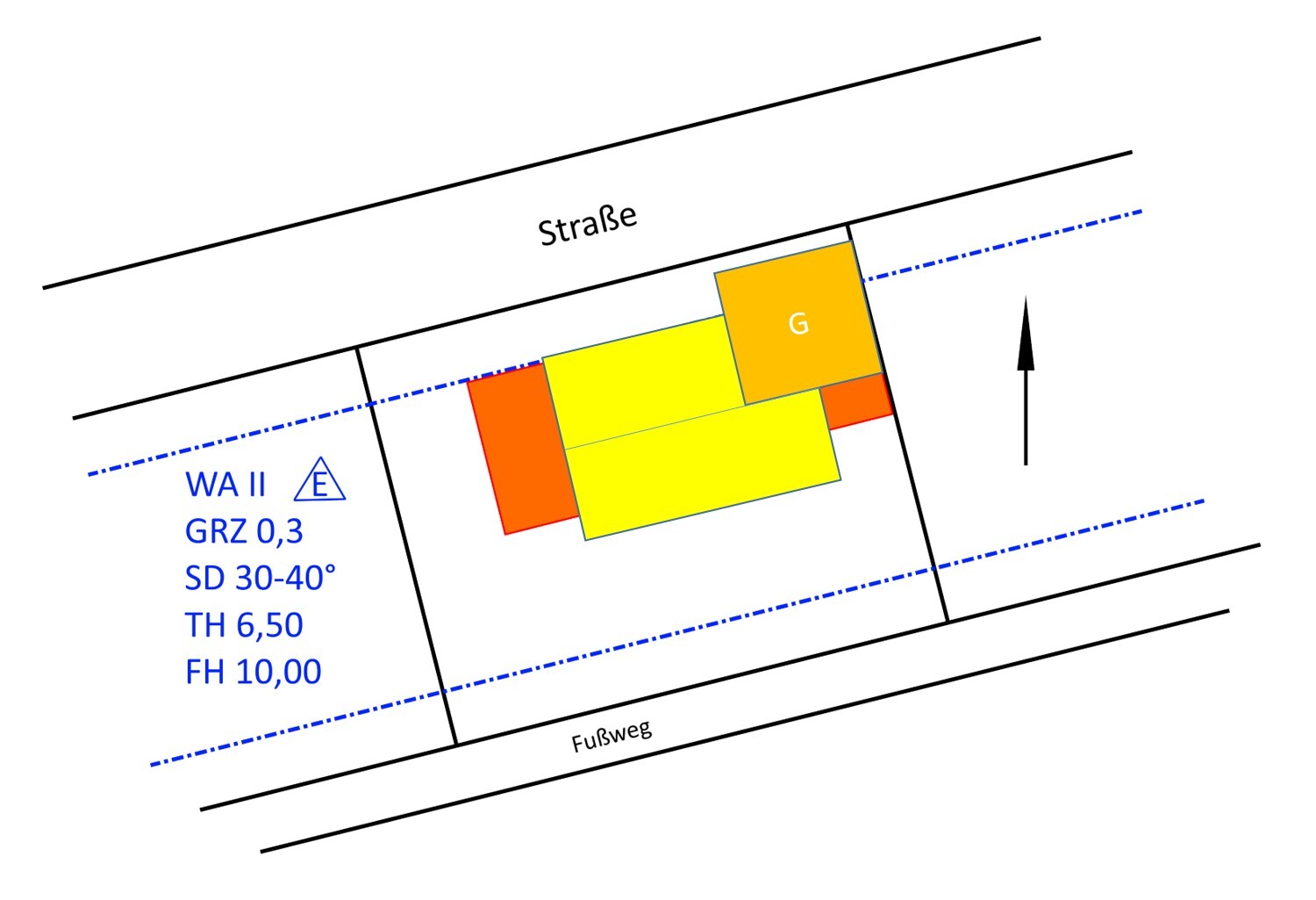 Grundrissplan: gelbe u. orange Rechtecke vor Straße/Fußweg, blaue Hilfslinien, Nordpfeil.