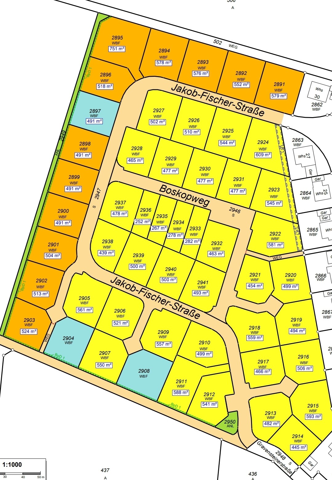 Lageplan eines Wohngebiets mit nummerierten Parzellen entlang Jakob-Fischer-Straße und Boskopweg.