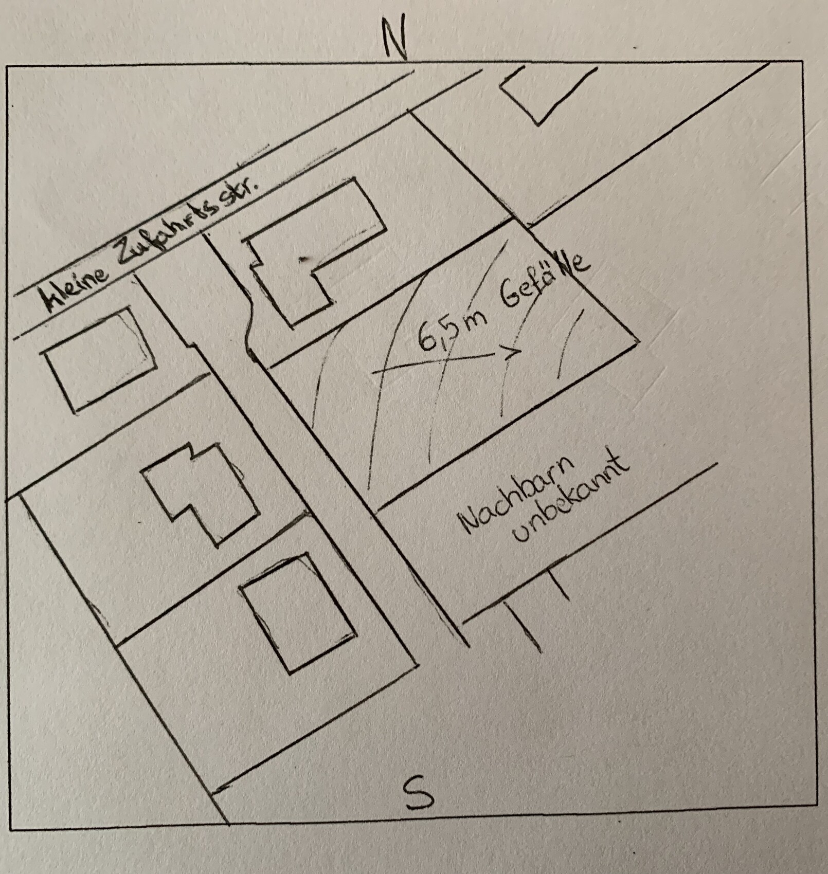 Skizzenhafte Baugrundstücksplanung mit Grundriss, Orientierung und Nachbarschaft.