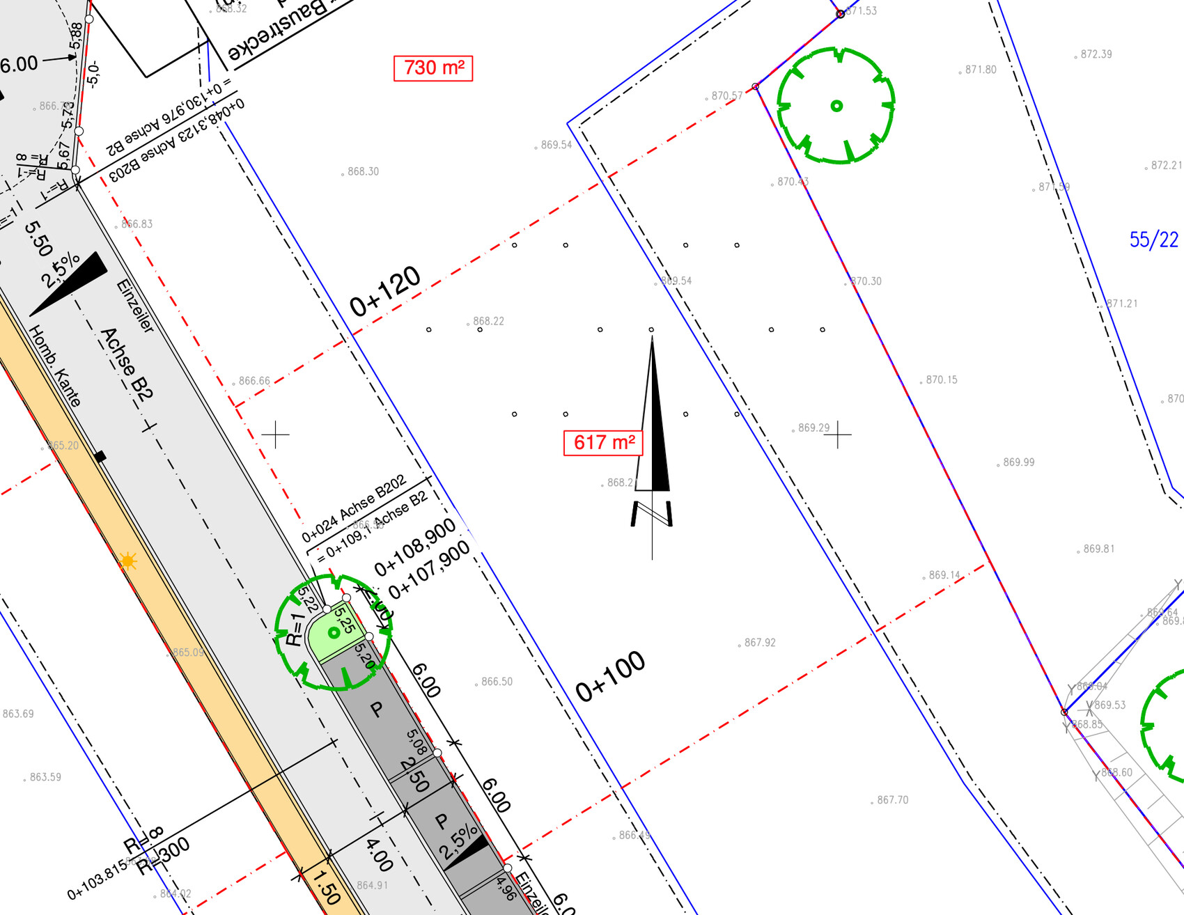 Lageplan mit Parzellen, Straßennetz, Flächenangaben (730 m², 617 m²) und Nordpfeil.