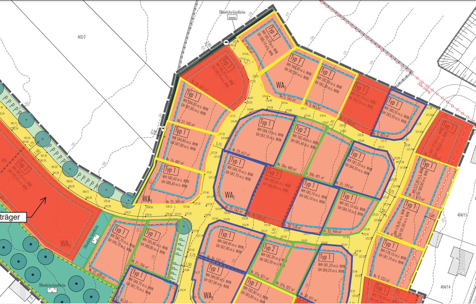 Bebauungsplan: farbige Parzellen (Typ 1/2), WA-Flächen, Straßen und Grünflächen.