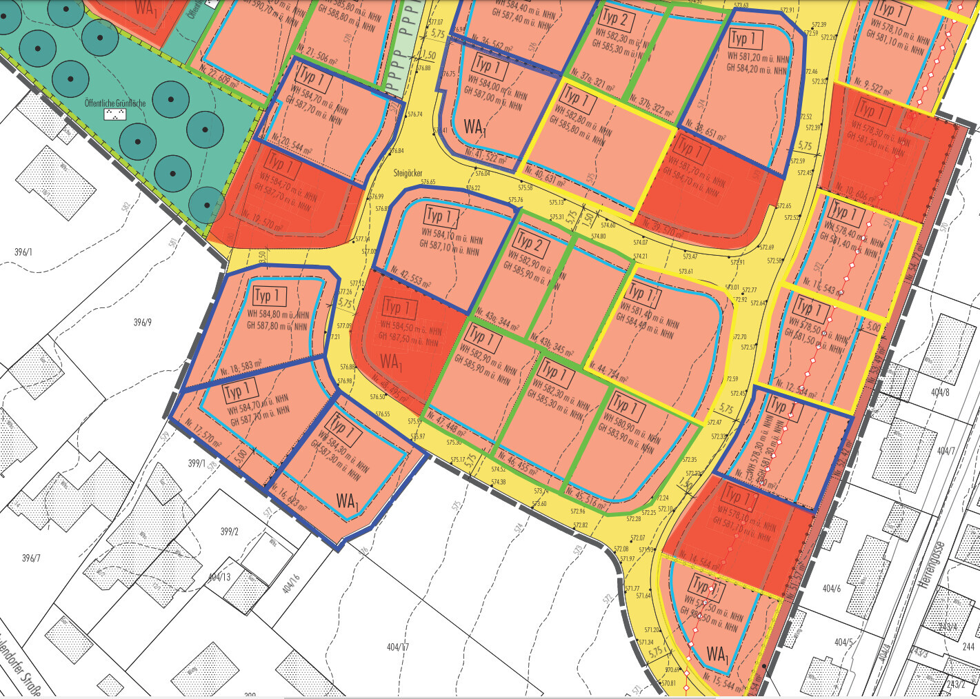 Bebauungsplan mit farbigen Parzellen (Typ 1/Typ 2, WA), Straßen und Grünfläche links.