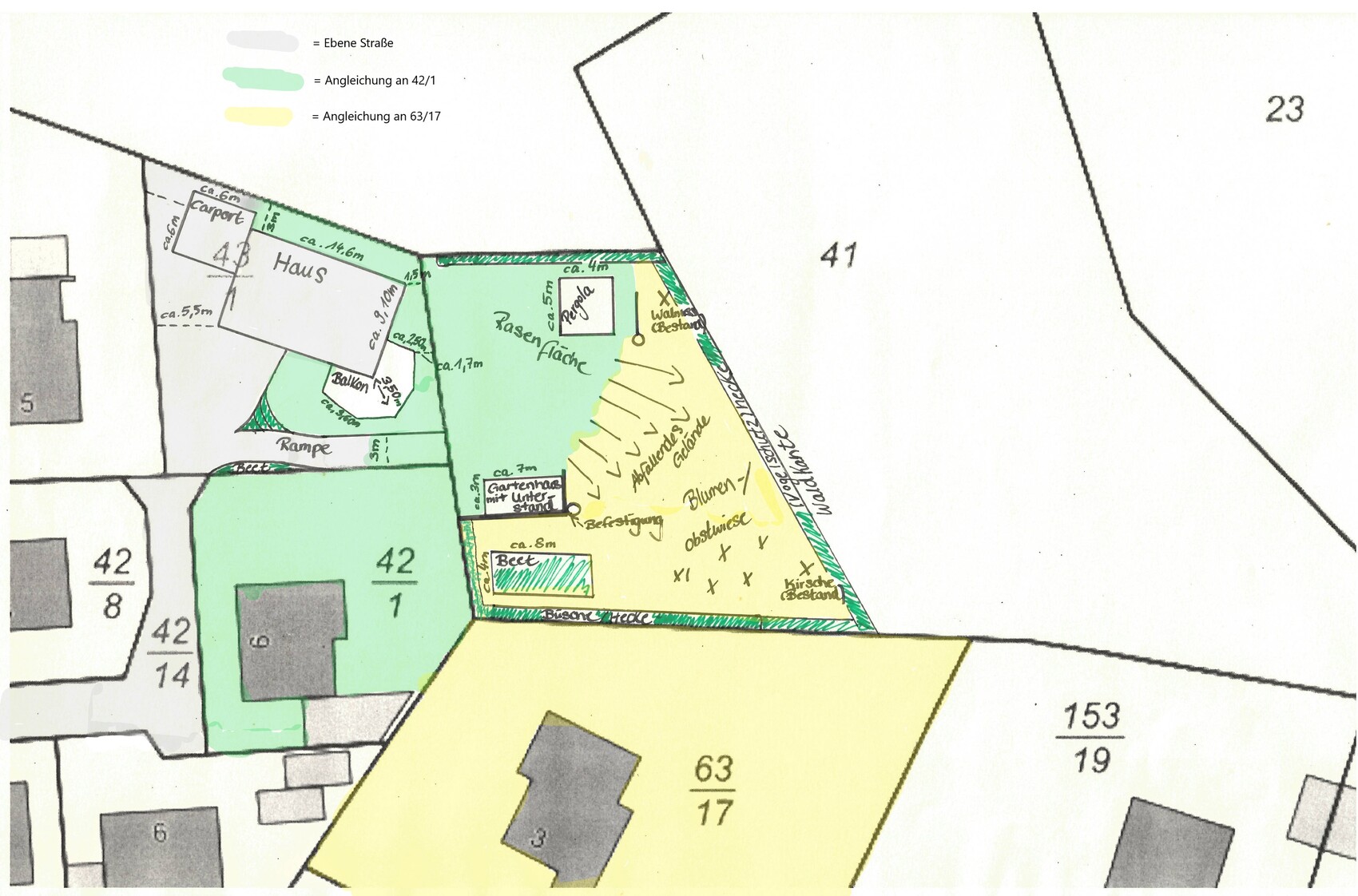 Lageplan eines Grundstücks mit Haus, Garten, Rasenfläche, Beete, Blumen und Wegen.