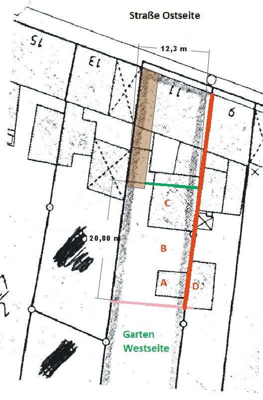 Lageplan: Ostseite der Straße, Garten Westseite; orange Grenzlinie, brauner Balken, grün C, pink A–D