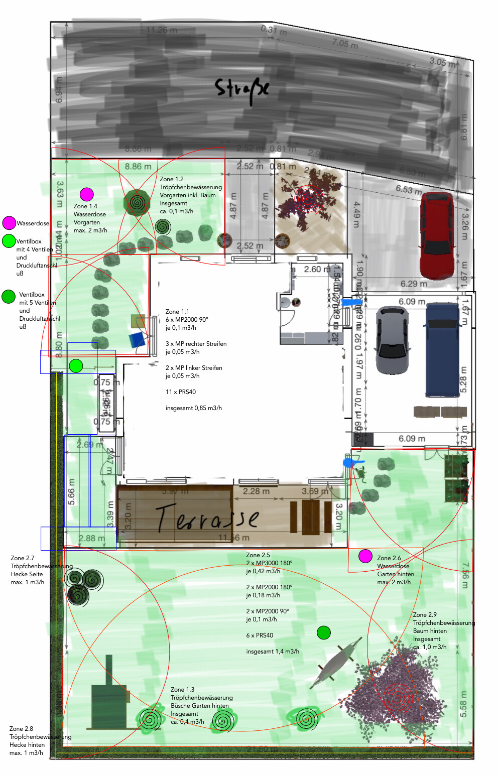 Grundriss eines Gartens mit Haus, Terrasse, Carport, Beeten und Bewässerungssystemen.