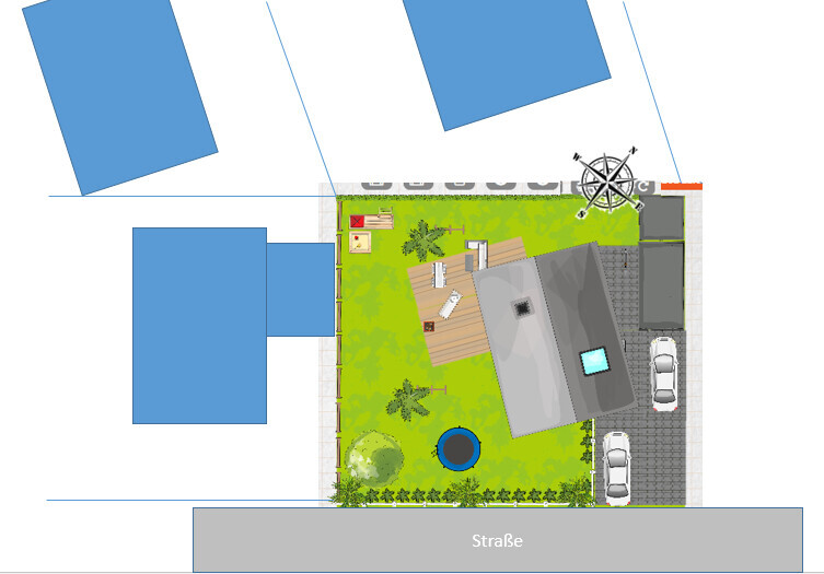 Grundstücksplan: Haus mit grünem Garten, Terrasse, Pool, Parkplatz; Straße davor und Kompassrose.
