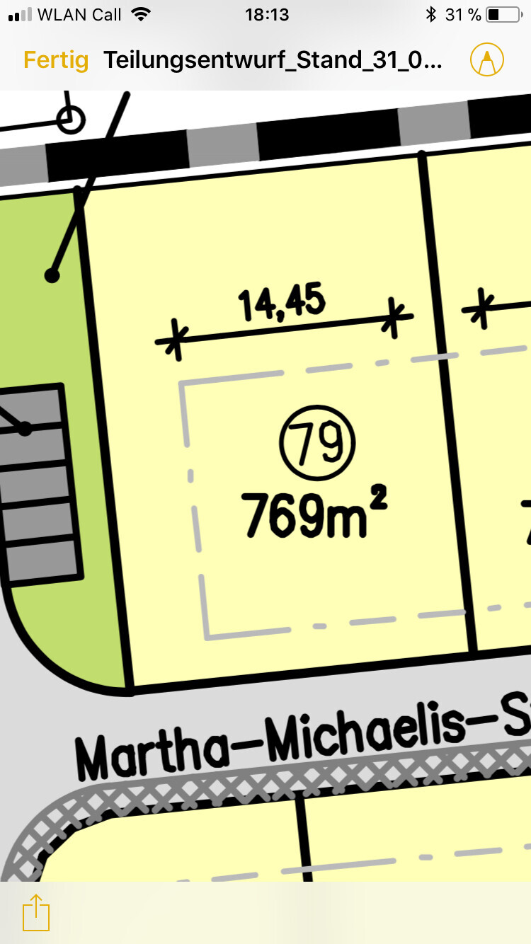 Lageplan eines Baugrundstücks mit Parzelle 79 und 769 m² Fläche, Straße sichtbar