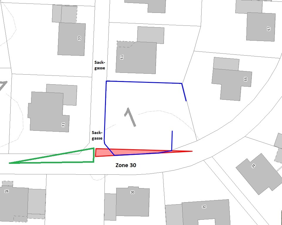 Lageplan eines Baugrundstücks mit Sackgasse, Zonenmarkierung und Umrissen