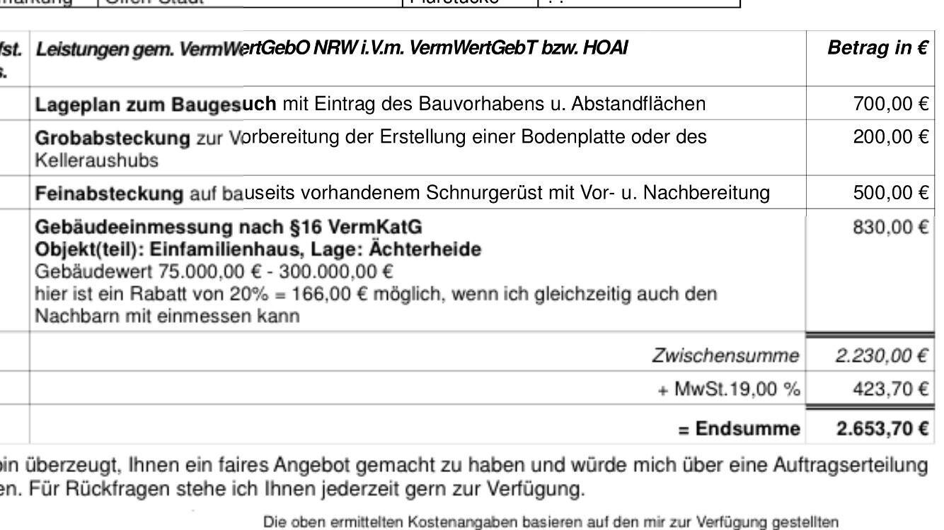 Dokument mit Bauvorhaben-Lageplan und Kostenaufstellung