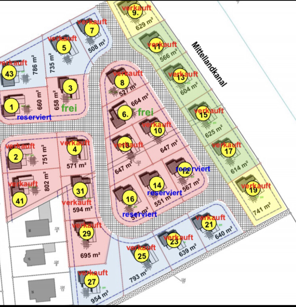 Übersichtlicher Grundstücks- und Grundrissentwurf mit verkauften Parzellen und Planlayout.