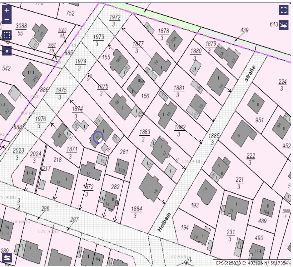 Lageplan: Parzellen mit Gebäuden, Straßen (Holbein), markierte Parzelle 60.