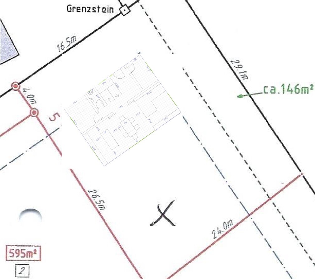 Grundstücksplan mit Grenzstein, ca. 146 m² Fläche und Parzellenumriss.