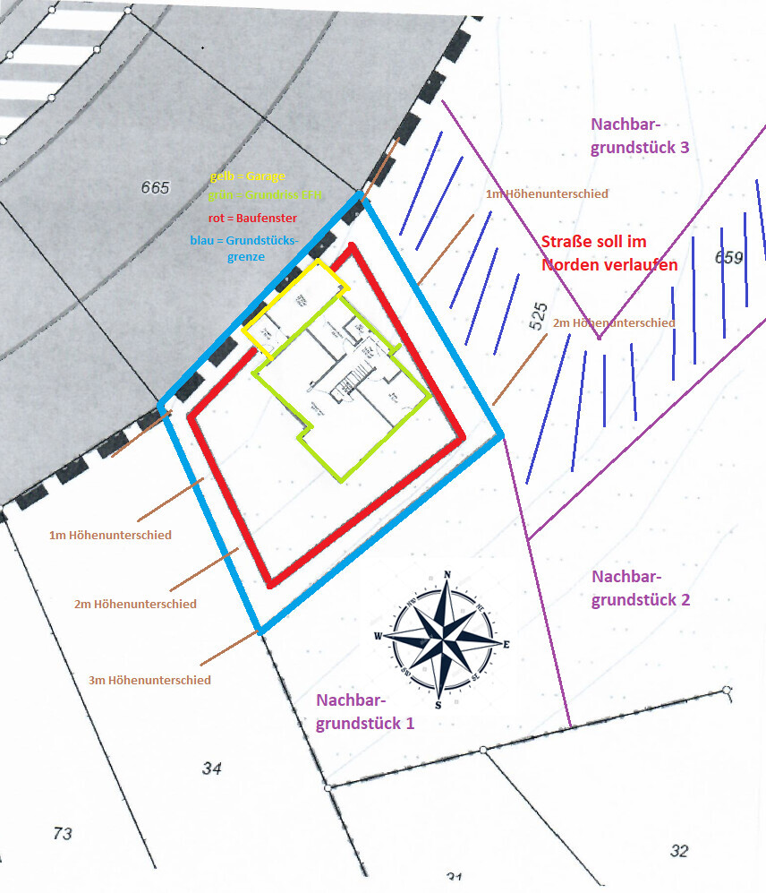 Lageplan eines Grundstücks mit farbigen Umrandungen, Nachbargrundstücke 1–3 und Nordpfeil.