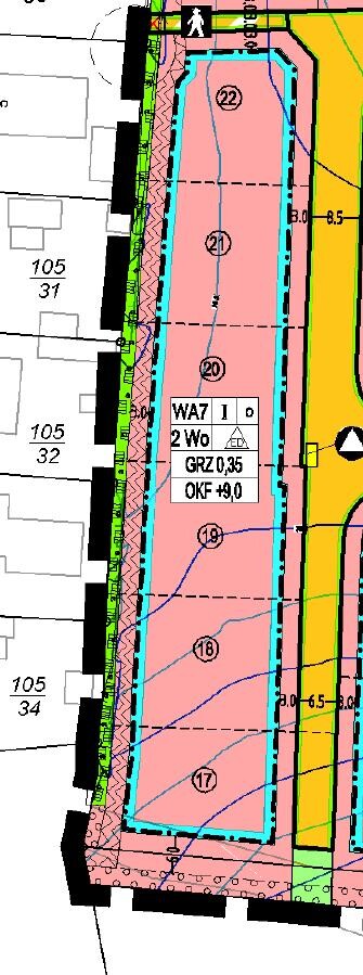 Lageplan: pinkes Rechteck (Nr. 17–22) mit blauer Umrandung, grün-gelbe Umgebung.