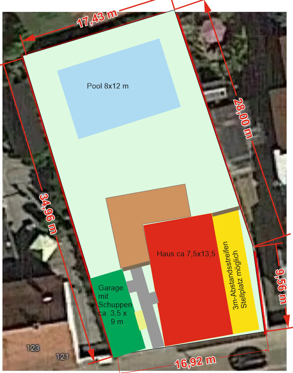 Lageplan: Haus ca. 7,5x13,5 m, Pool 8x12 m, Garage 3,5x9 m, Stellplatz moeglich.