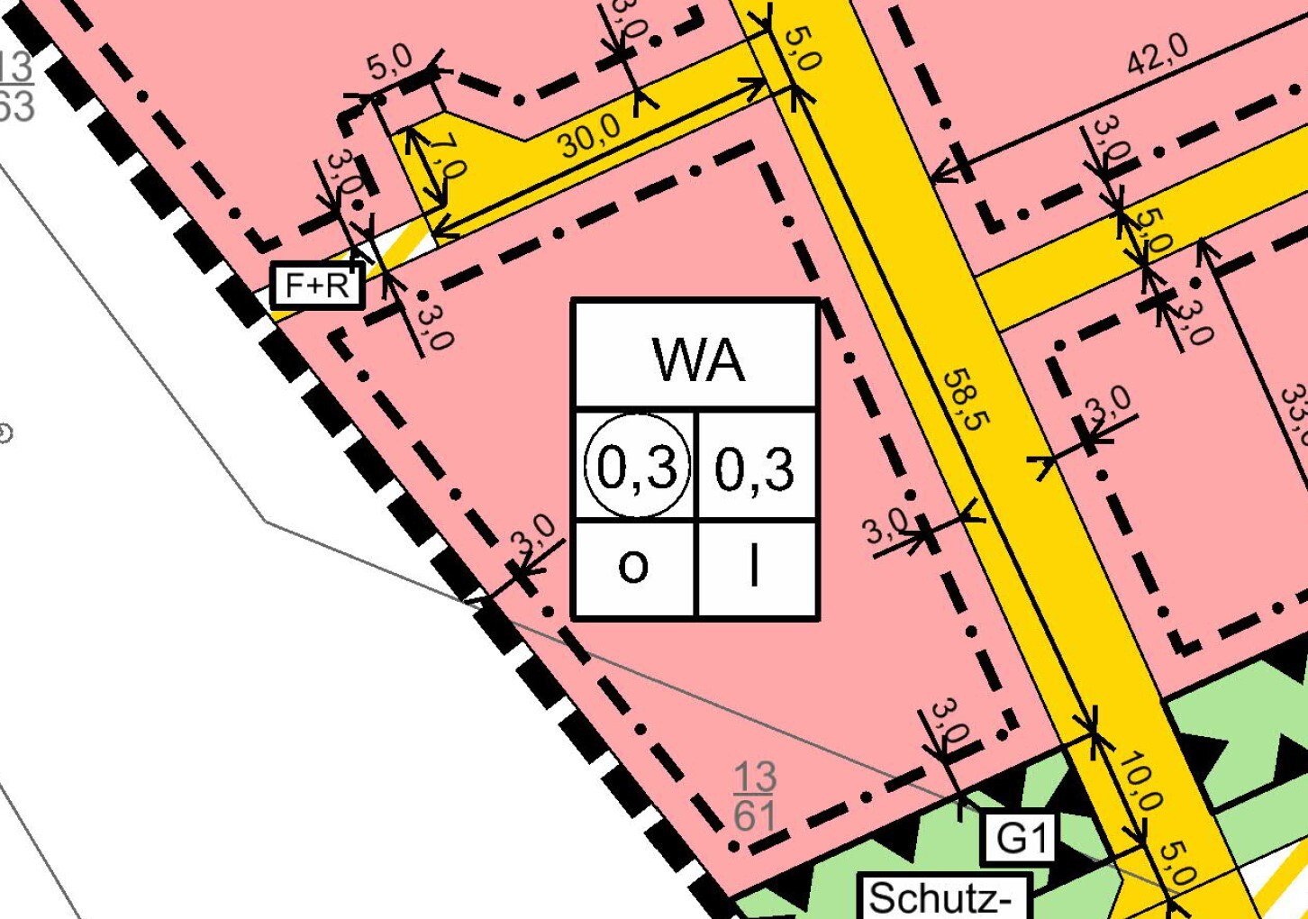Lageplan eines Baugrundstücks mit Grenzlinien, Zufahrt und Bauflächen