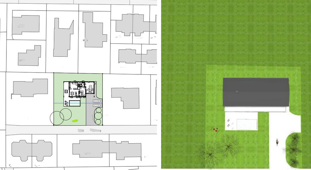 Grundstücksplan: links Innen-Grundriss des Hauses, rechts Vogelperspektive von Haus und Garten.