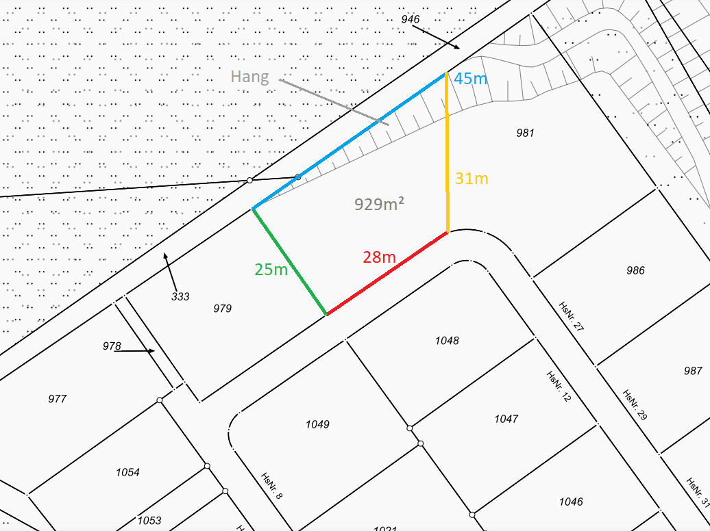 Vermessungskarte mit farbigen Linien: Blau 45 m, Gelb 31 m, Rot 28 m, Grün 25 m; Hang.