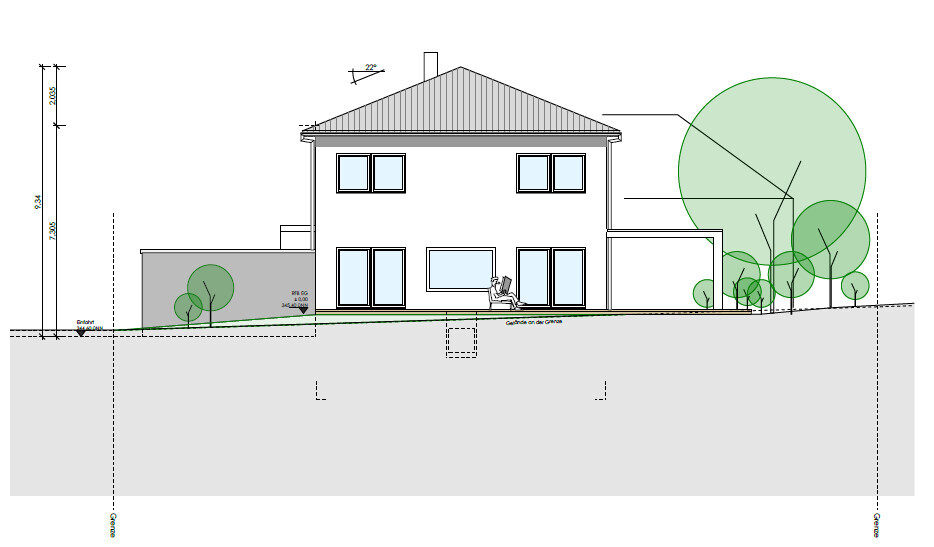 Ansicht eines Hauses mit Garten und Geländeprofil als Grundstücksplan