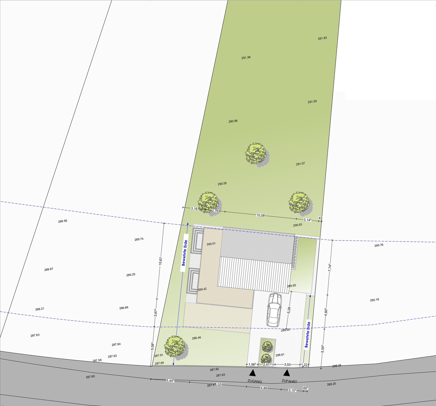 Lageplan eines Grundstücks mit Haus, Zufahrt, Parkplatz, Garten und Bäumen.
