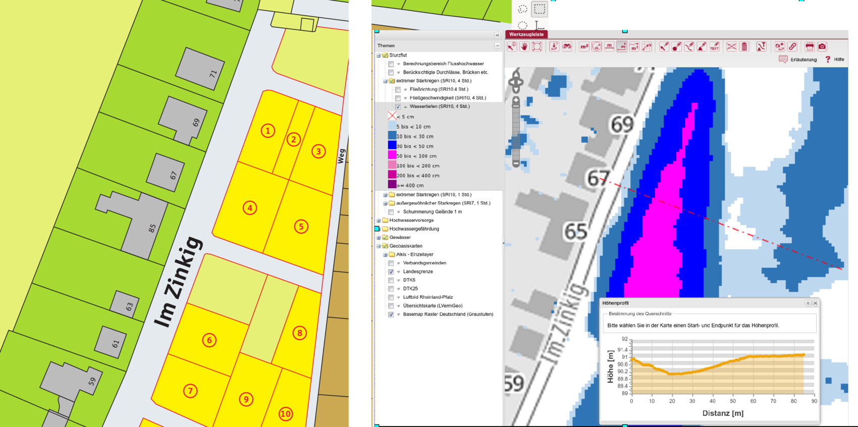 Kartenansicht: linke gelbe Parzellen 1-10; rechter GIS-Ansicht mit Farblegende und Höhenprofil.