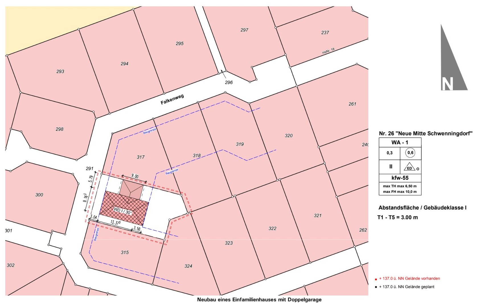 Lageplan: Parzellen am Falkenweg farblich markiert; geplantes Einfamilienhaus mit Doppelgarage.