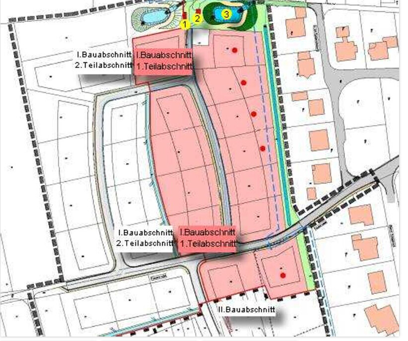Lageplan eines Baugebiets mit pinken Bauabschnitten und umlaufenden Straßen