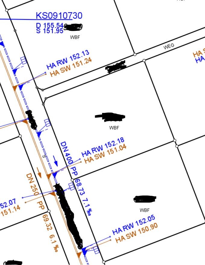 Lageplan der Parzellen mit Straßennamen, Koordinaten und WBF-Markierungen