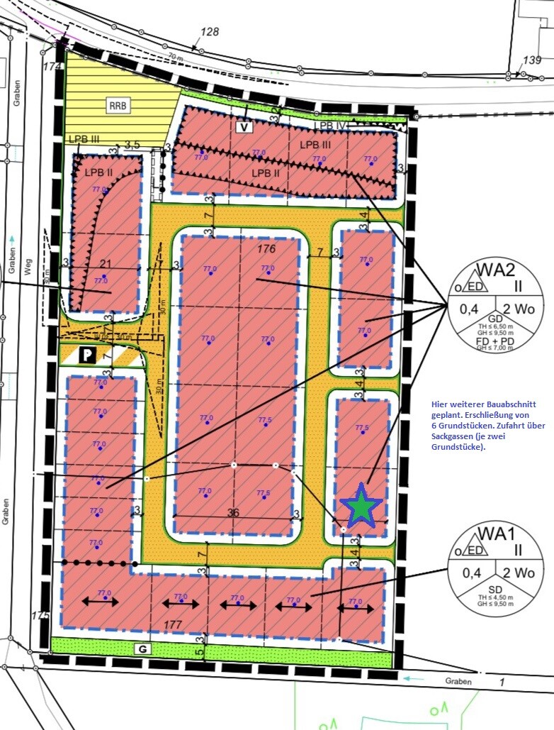 Lageplan: rot markierte Bauflächen, gelbe Straßenflächen, blaue Randlinien.
