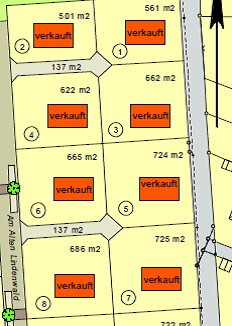 Lageplan mit mehreren Baugrundstuecken, Groessenangaben in m2, teils verkauft